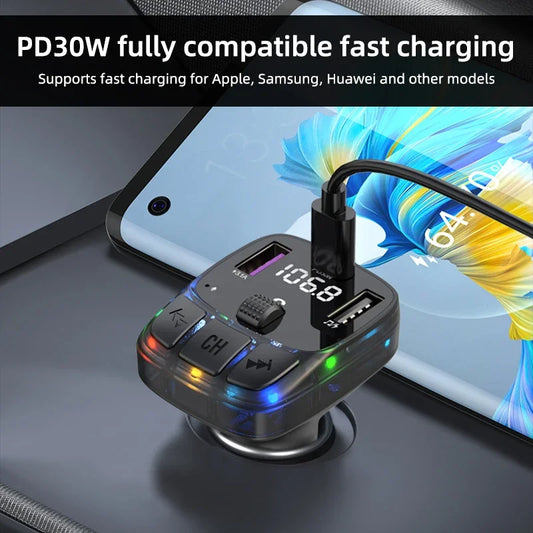 Car Charge Bluetooth 5.3 FM Transmitter Handsfree Car Radio Modulator MP3 Player With PD30W Super Quick Charge Adapter for Car